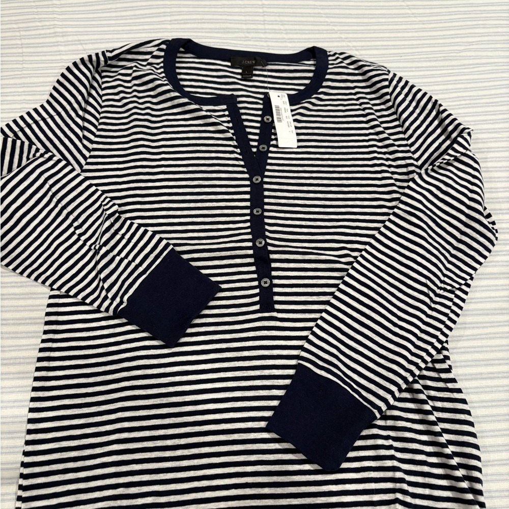 NWT J. Crew Striped Navy and White Henley Top